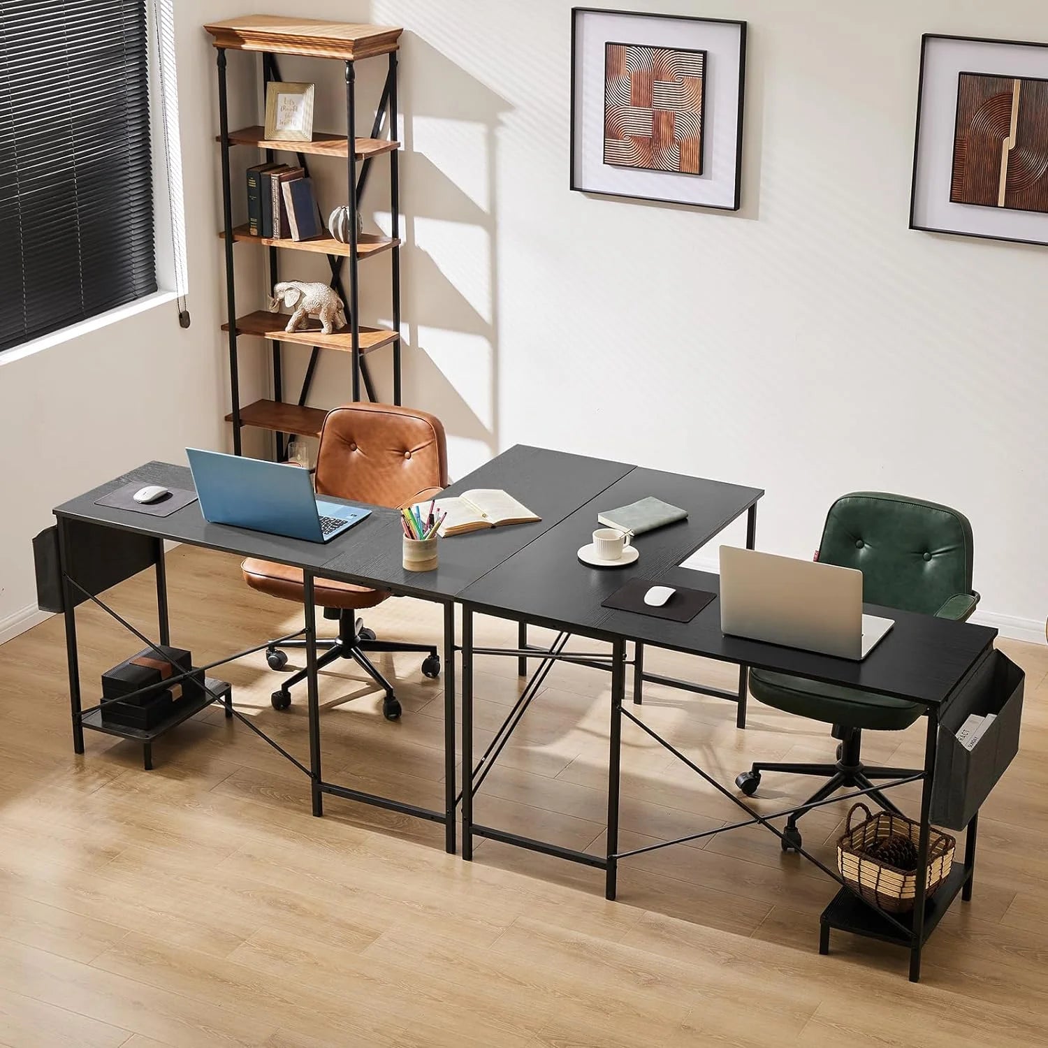 Black L Shaped Computer Desk with Wooden Desktop CPU Stand Side Bag B220