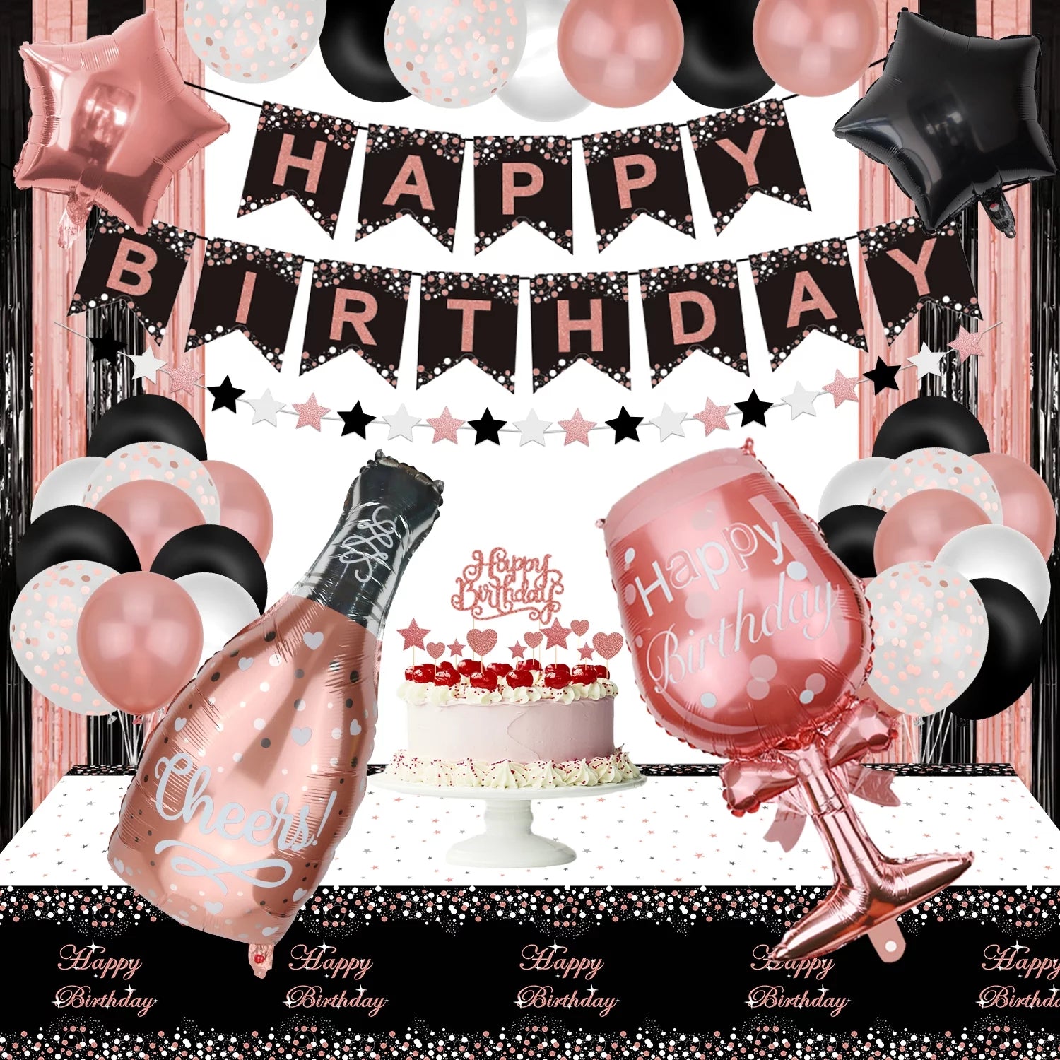 Rose Gold and Black Birthday Banner, Balloons, Fringe Curtains, Tablecloth and Cake Topper R107
