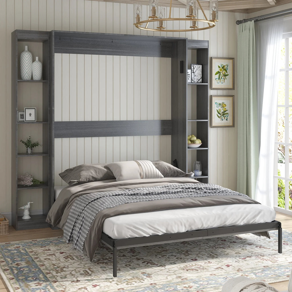 Dark Grey Foldable Murphy Bed with 2 Sides Cabinet B849