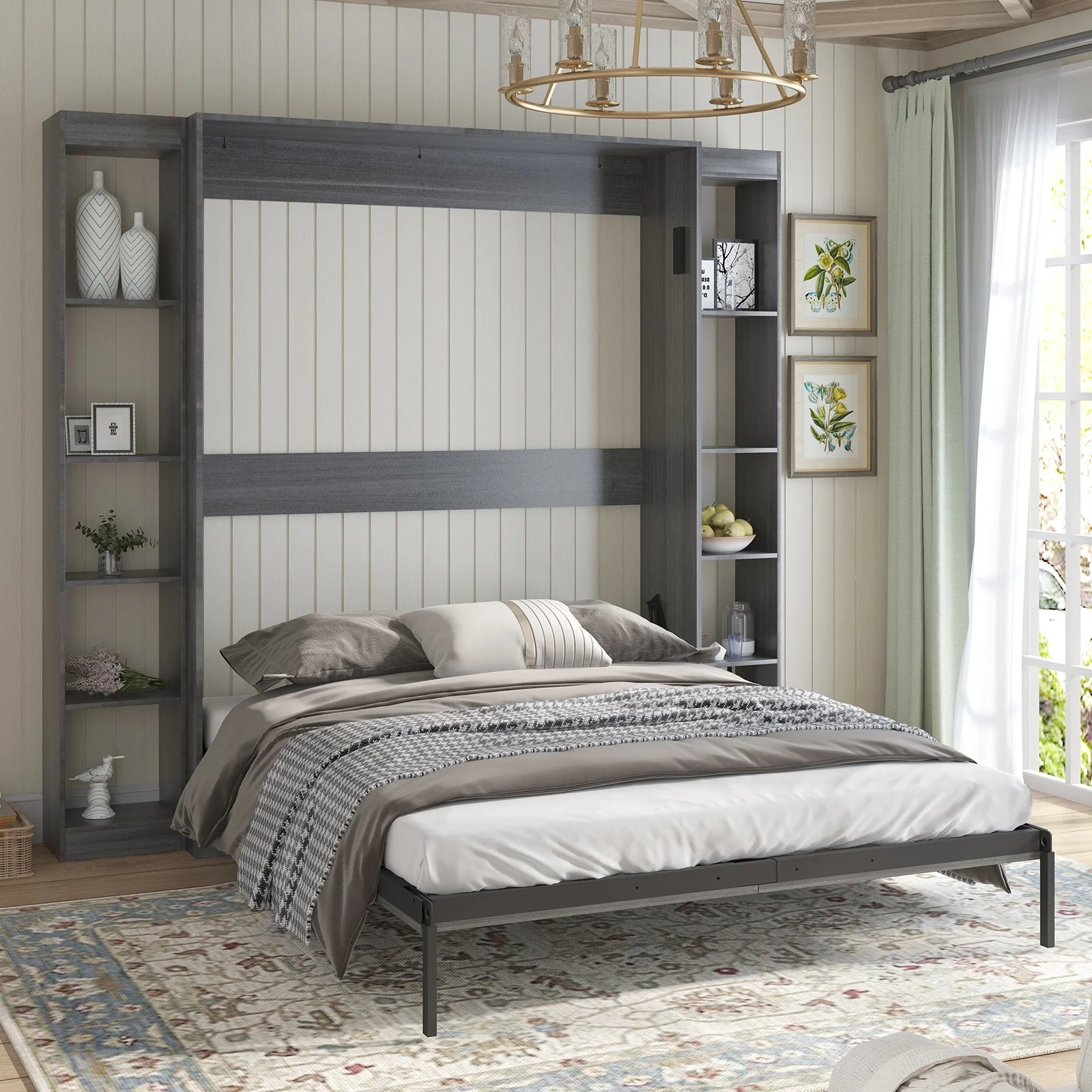 Dark Grey Foldable Murphy Bed with 2 Sides Cabinet B849