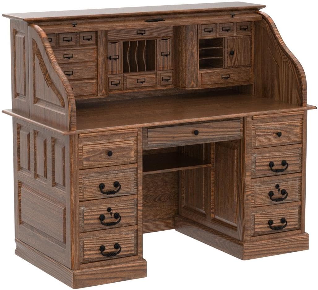 54 Inch Solid Oak Wood Roll Top Desk X74485