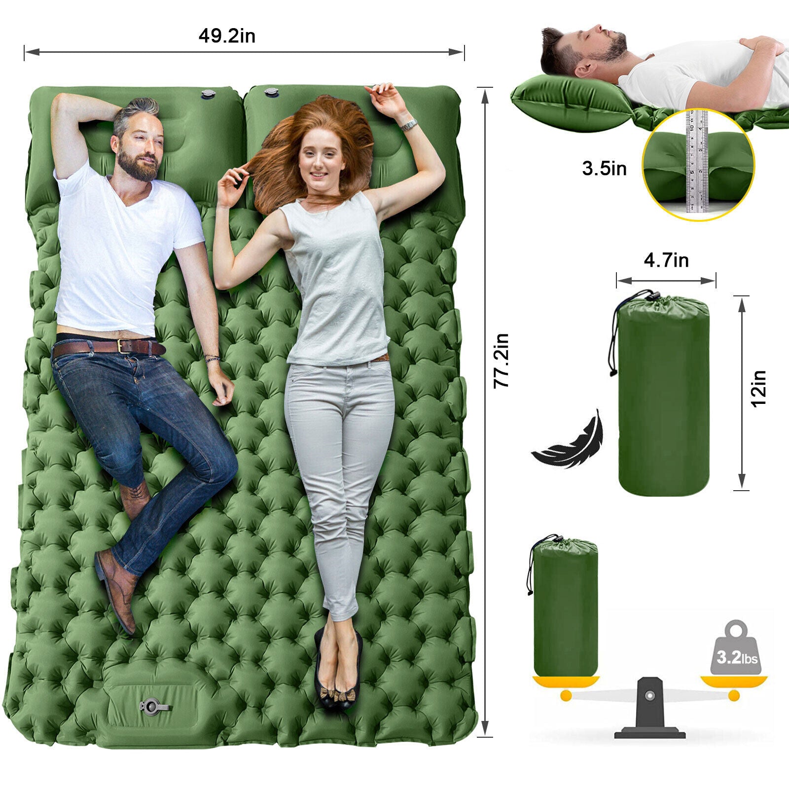Double Camping Sleeping Pad with Air Pillow 2 Person Inflatable Mat K813555