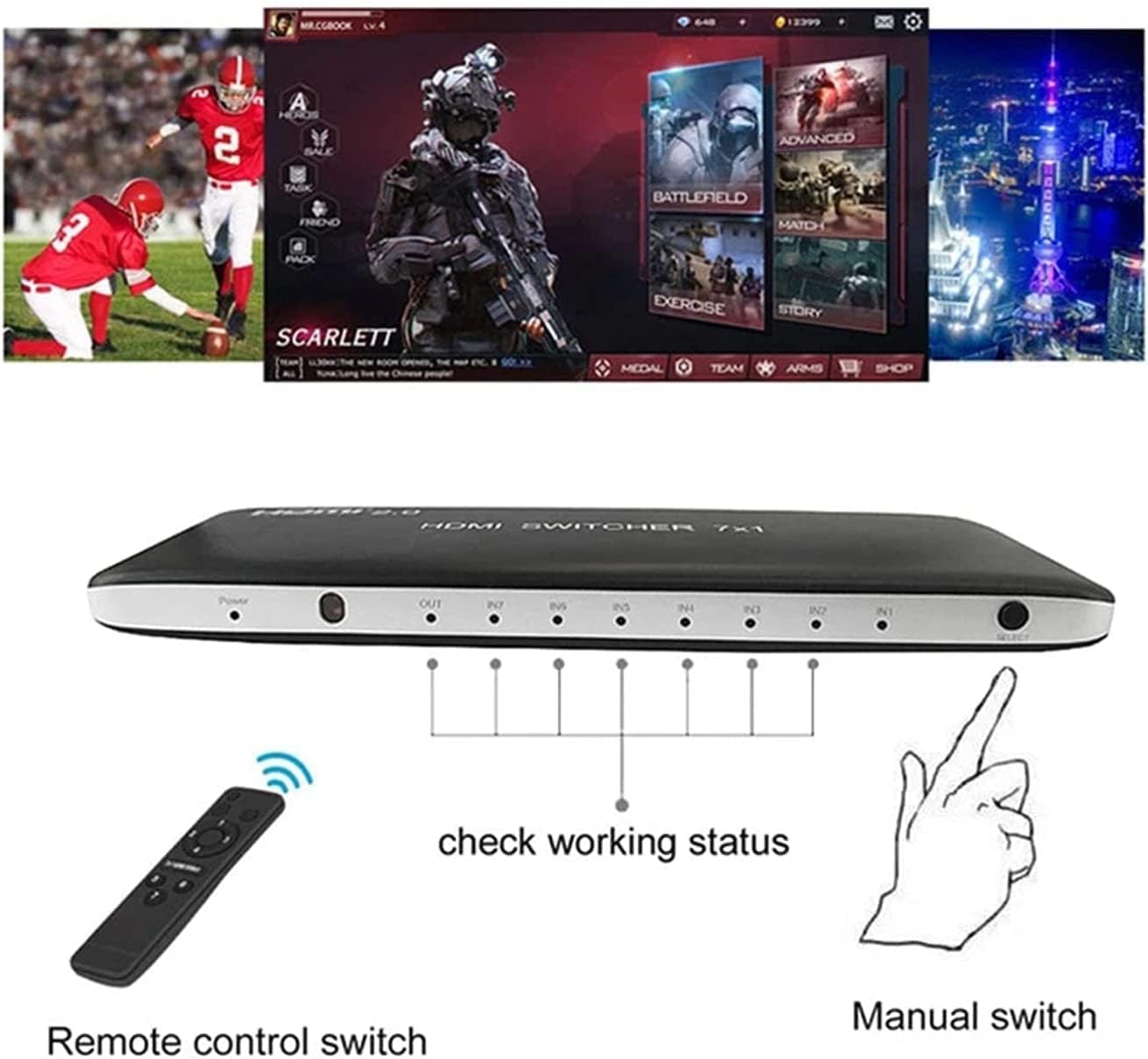 HDMI Switch 7 Port Box with IR Remote Control HDMI 2.0 HDCP 2.2 Support 4K@60Hz 3D Power Adapter Pack of 2 Y358392