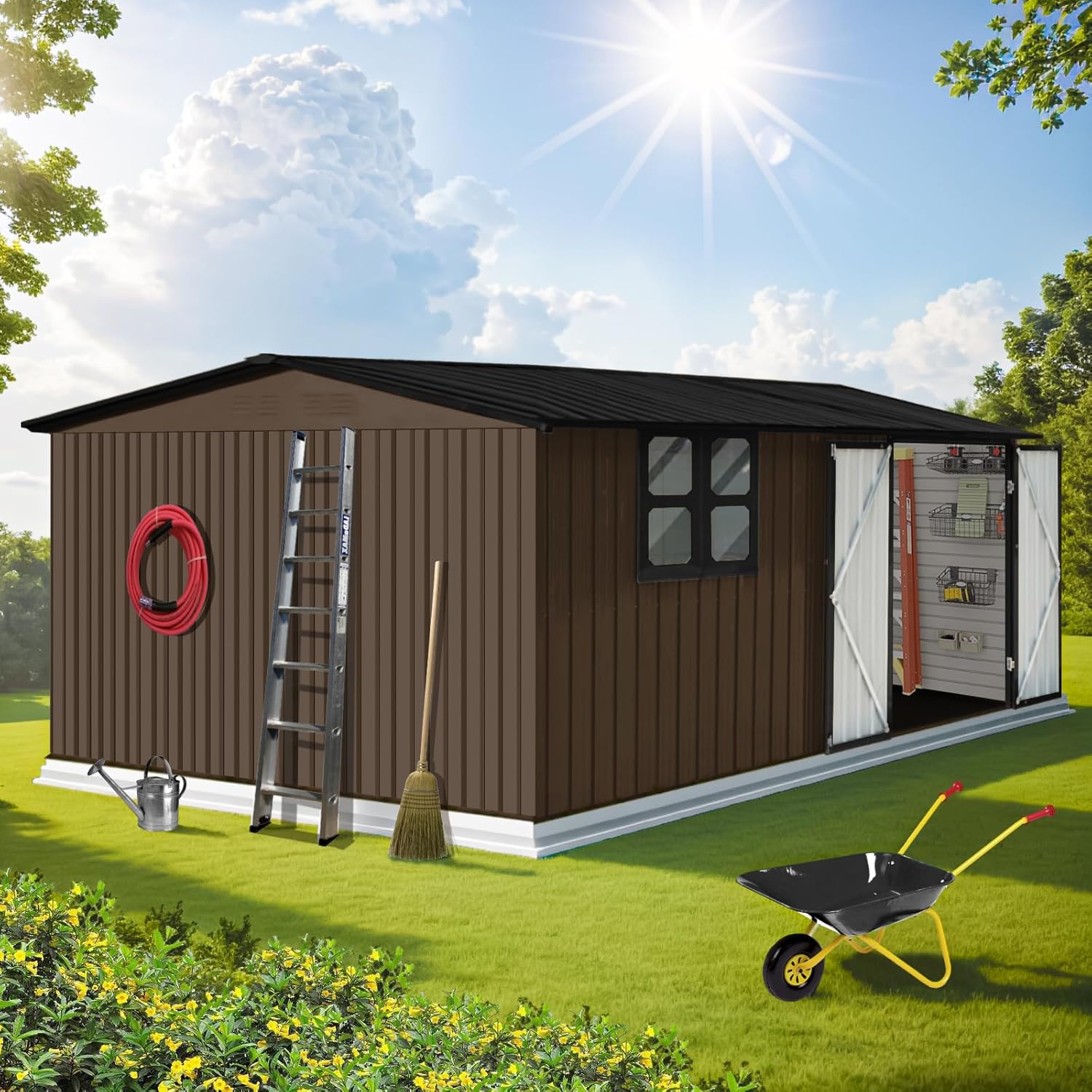 12x10 FT Metal Garden Shed Brown Z3742