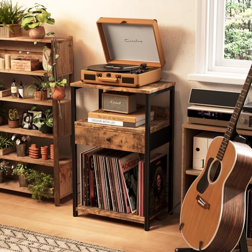 Black Record Player Stand with Vinyl Storage and Drawer B120