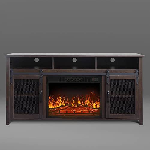 White Oak Fireplace TV Stand with Open Storage Shelves and Cabinets L792131
