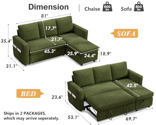 Green Chenille L Shaped Sleeper Sofa with Pull Out Bed O807