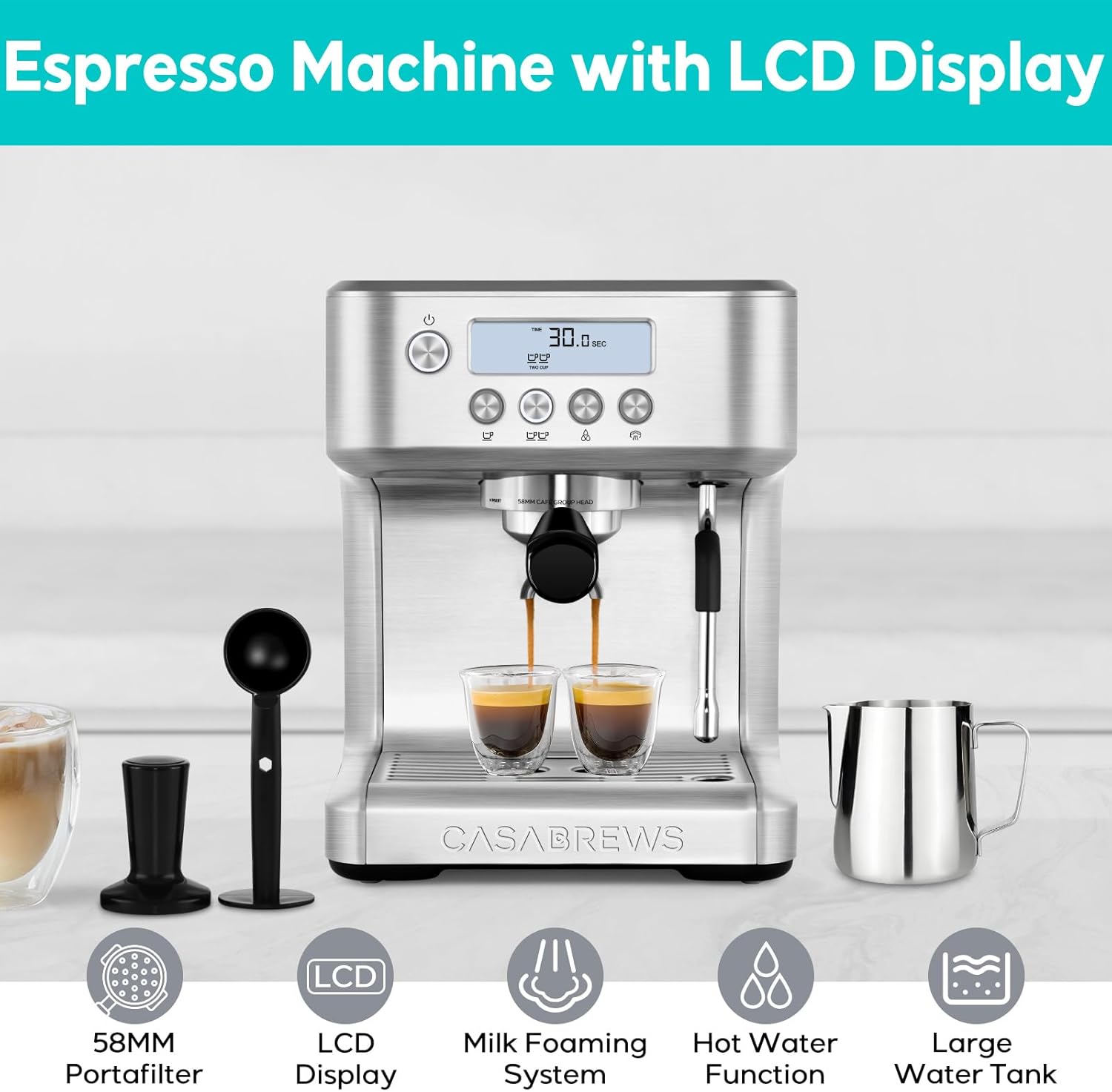 Espresso Machine with LCD Display and Milk Frother Steam Wand I312