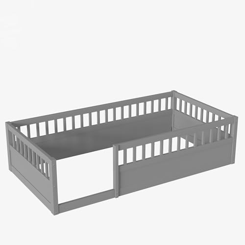 Twin Size White Wood Floor Bed with Rails X268286