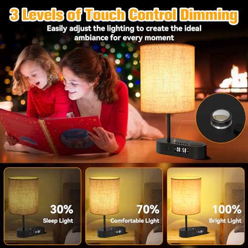 4-in-1 Touch Control Bedside Table Lamp with Bluetooth Speaker, Digital Clock, Dual Alarms, 3-Level Dimmable, USB C+A Charging Ports K13159