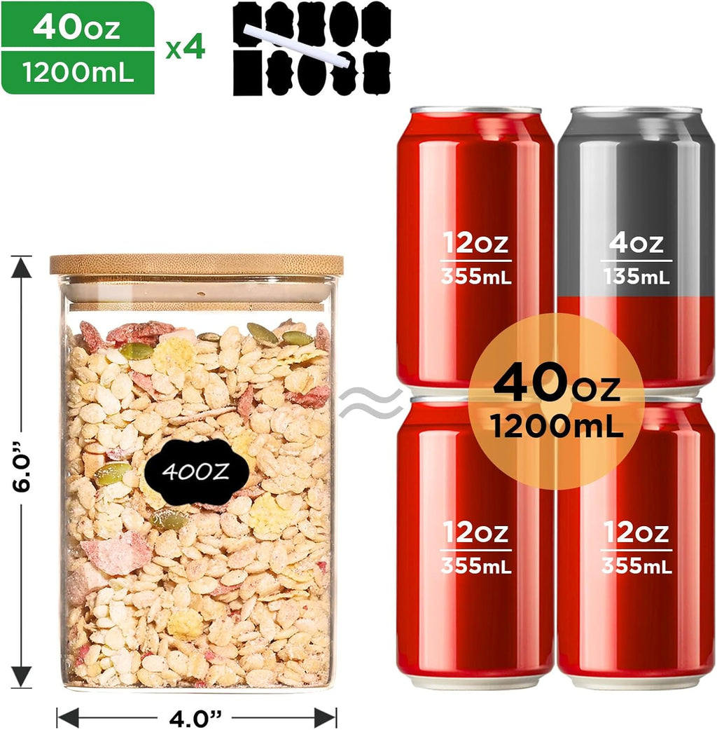 40oz Glass Food Storage Jars with Bamboo Lids, Clear Square Airtight Container Sets, Stackable Canisters (Set of 4) H80212