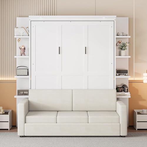 Queen Size Wood Murphy Bed with Storage Shelves and Sofa P72187