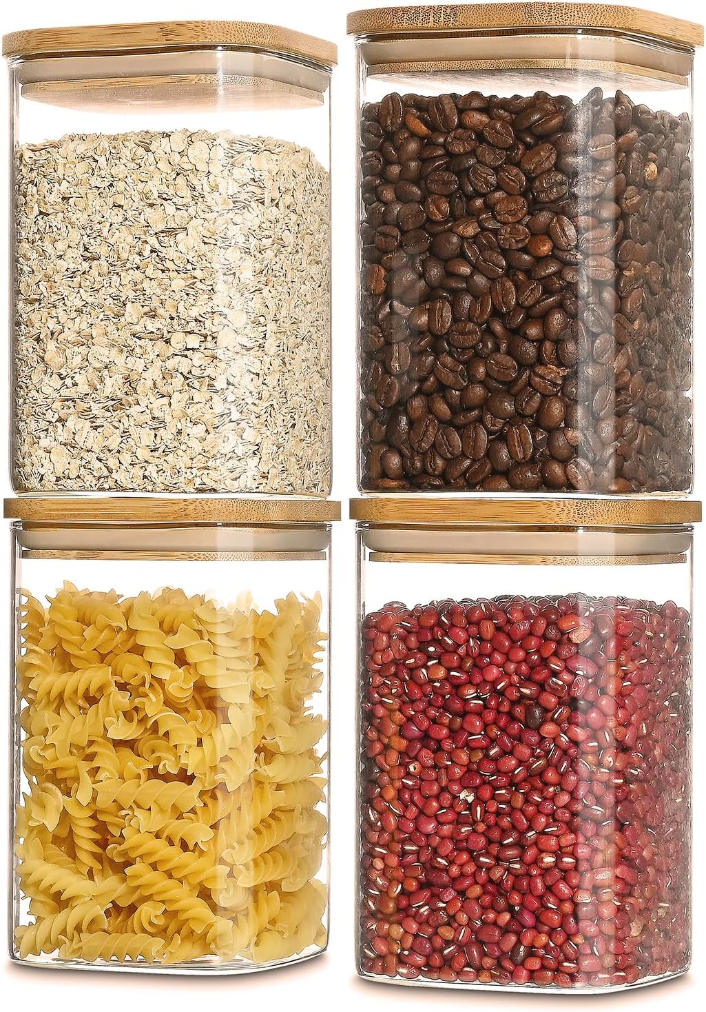40oz Glass Food Storage Jars with Bamboo Lids, Clear Square Airtight Container Sets, Stackable Canisters (Set of 4) H80212