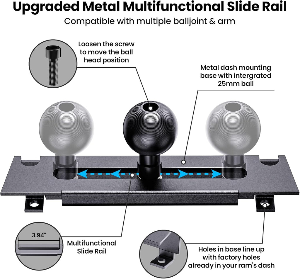 Metal Phone Mount for Ram Truck 2013-2018, Dash Mount Cell Phone Holder Compatible with RAM 1500/2500/3500 & 2019+ Classic, 360° Rotation Adapter Phone Stand J263359
