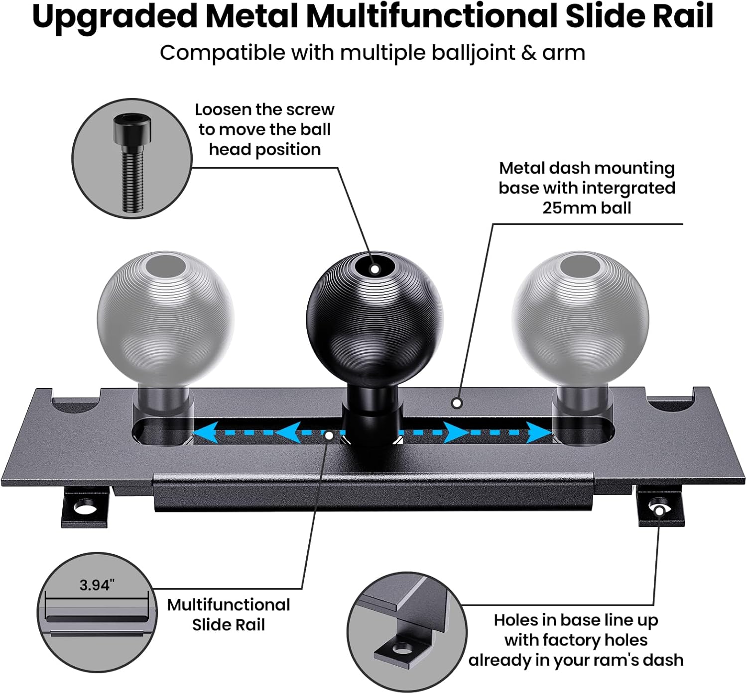Metal Phone Mount for Ram Truck 2013-2018, Dash Mount Cell Phone Holder Compatible with RAM 1500/2500/3500 & 2019+ Classic, 360° Rotation Adapter Phone Stand J263359