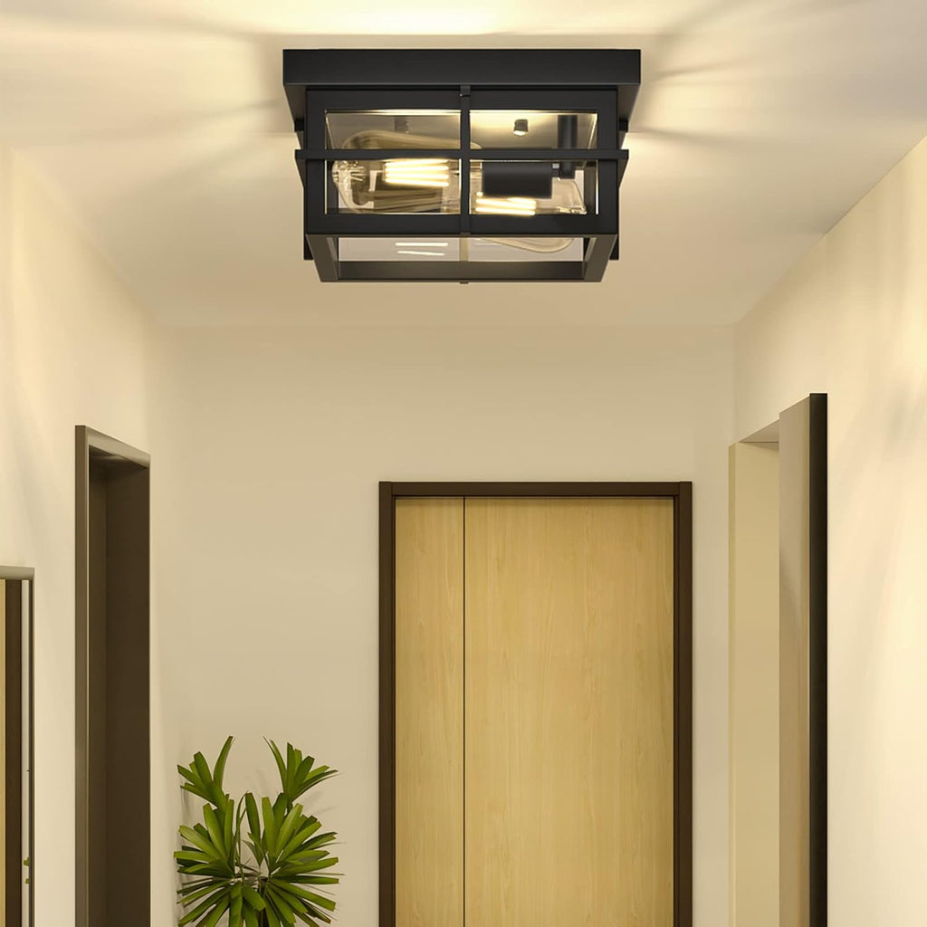 2-Light Black Flush Mount Ceiling Light Fixtures with Clear Glass Shade T111068