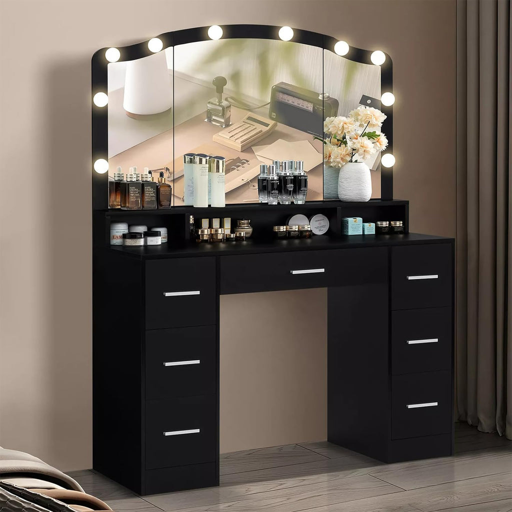 Black 43.3 inches Vanity Desk with Lighted Mirror 7 Drawers D30894