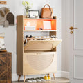 Natural LED Rattan Wood Shoe Storage Cabinet with 2 Flip Drawers W6869