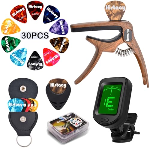 Guitar Accessories Kit with Clip On Tuner, 3 in 1 Capo, 30 Picks, Pick Holder, Leather Plectrum Pouch Keyring & Storage Case C974