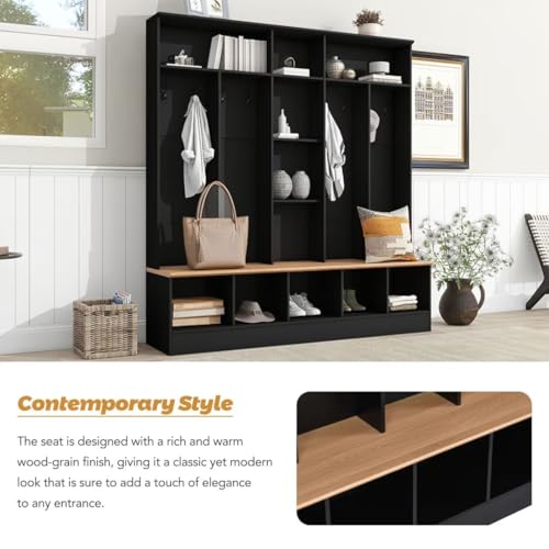 Black Hall Tree with Storage Bench and 8 Hooks W45580