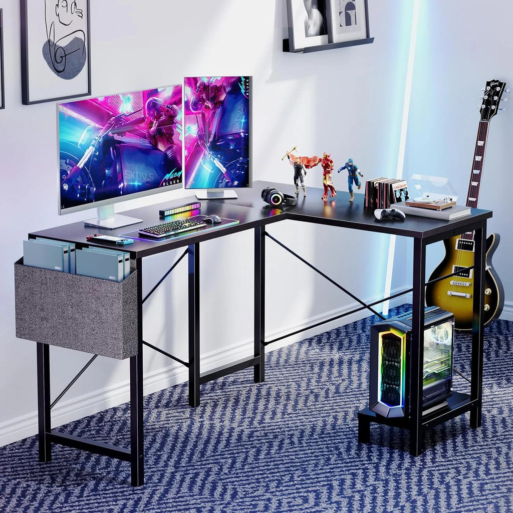 Black L Shaped Computer Desk with Wooden Desktop CPU Stand Side Bag B220