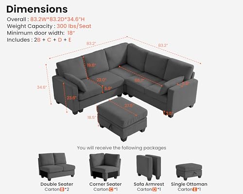 Modular Sectional Couch Corduroy L Shaped Sleeper Sofa with Storage Ottoman J7130