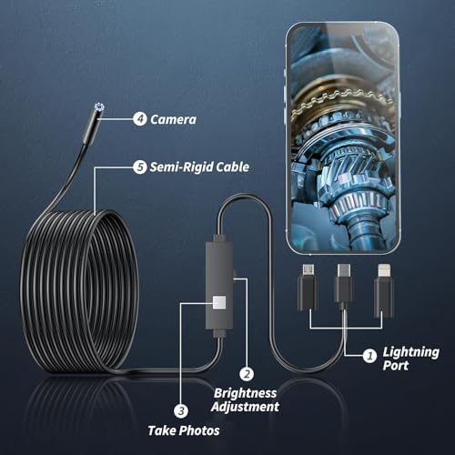 1920P HD Borescope with 8 Adjustable LED Lights, 16.4ft Semi-Rigid Snake Camera A976