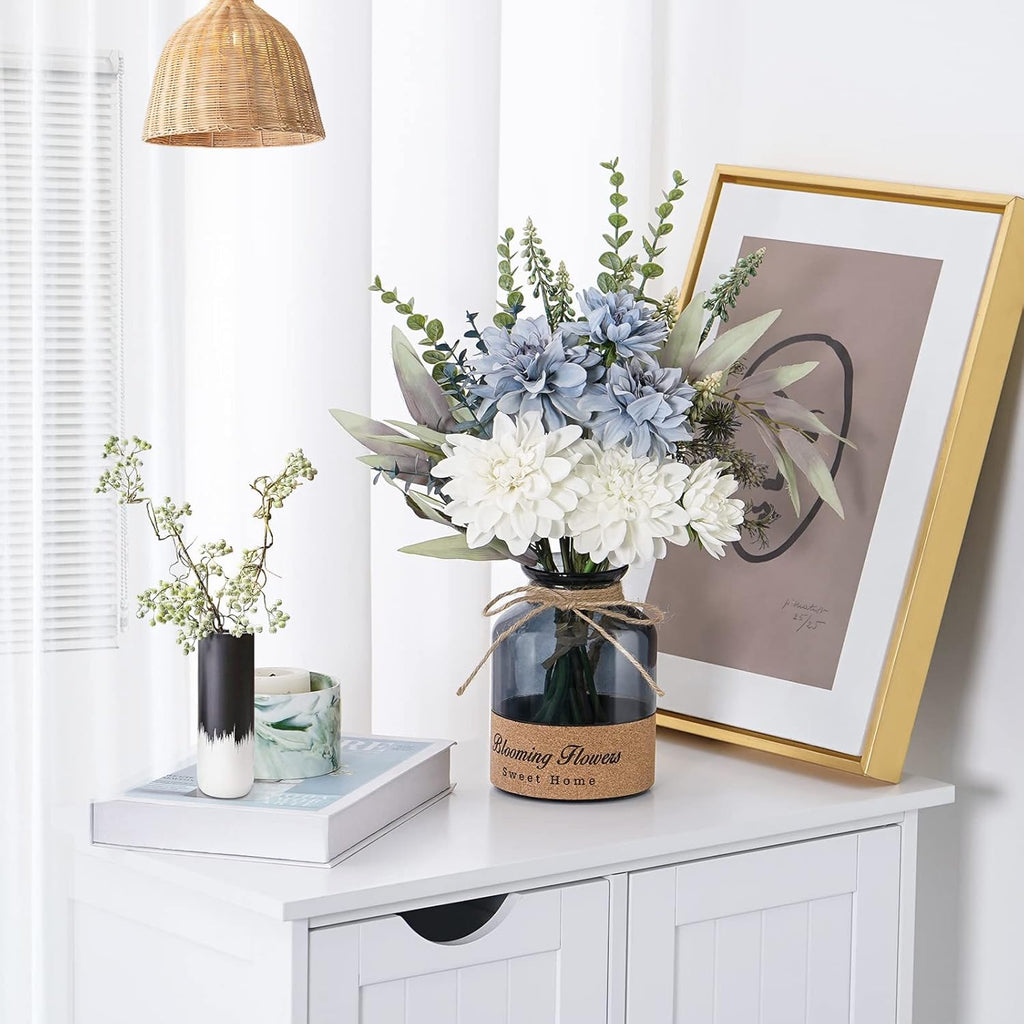 Blue White Dahlia Artificial Flowers with Glass Vase N945