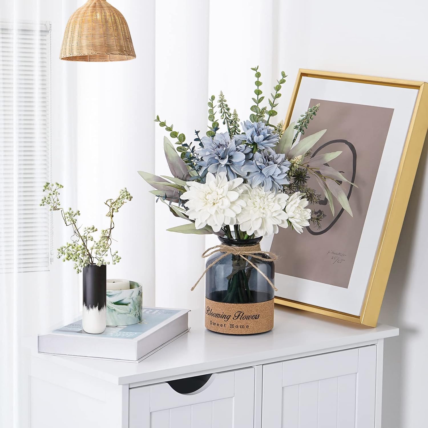 Blue White Dahlia Artificial Flowers with Glass Vase N945