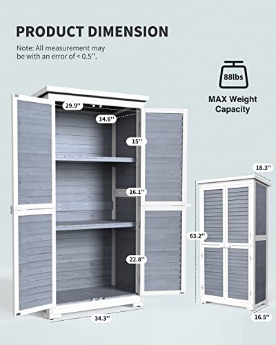Outdoor Storage Cabinet with 3 Shelves, Double Lockable Wooden Garden Shed with Waterproof Roof E3234