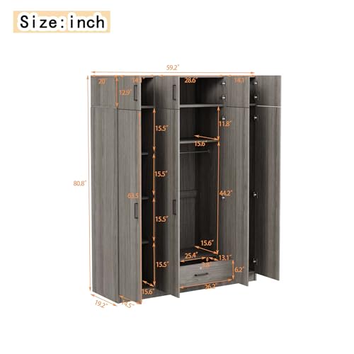 Wardrobe Armoire with 4 Doors, Mirror, Shelves, Drawers and Hanging Rod H857
