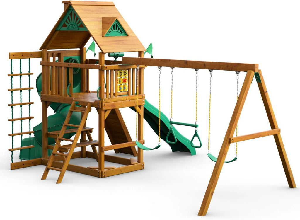Brown Wooden Swing Set with Two Slides T5323
