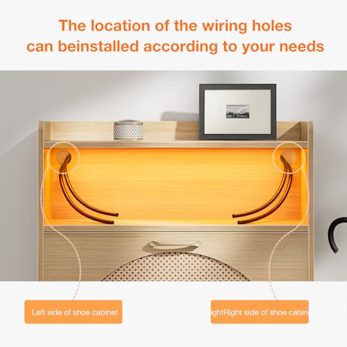 Natural LED Rattan Wood Shoe Storage Cabinet with 2 Flip Drawers W6869