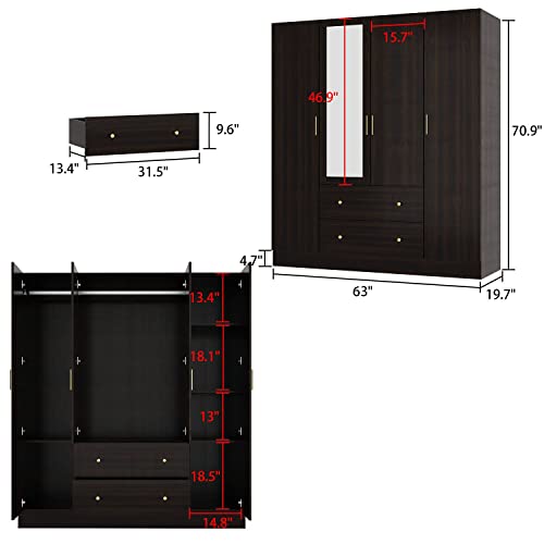 White 4-Door Wardrobe Closet with Mirror, Drawers and Shelves, Hanging Rod X75549