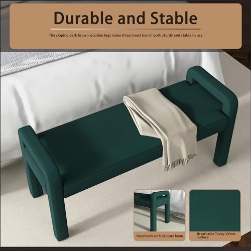 Beige Teddy Velvet Armrest Bench with Dark Brown Wooden Legs O530063