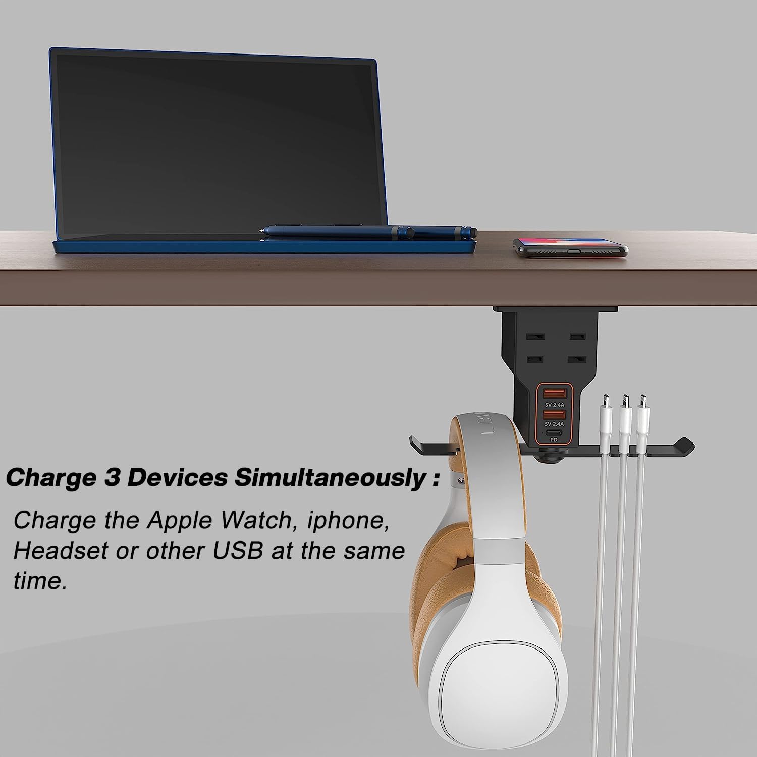 Headphone Stand with 2 USB A Charging Port AC Outlets Headset Hanger Charging Station X3997