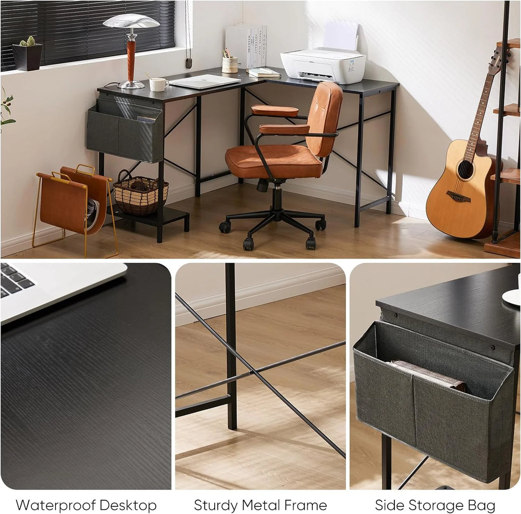 Black L Shaped Computer Desk with Wooden Desktop CPU Stand Side Bag B220