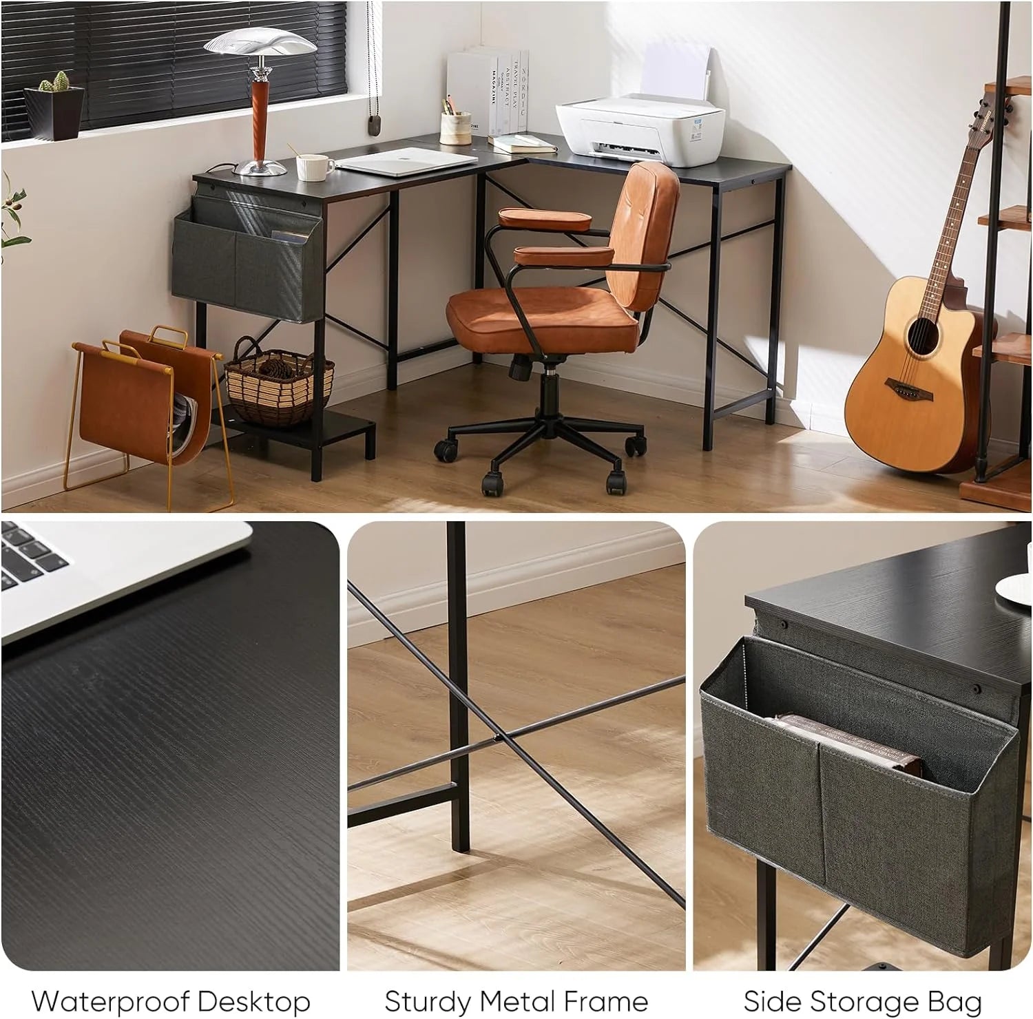 Black L Shaped Computer Desk with Wooden Desktop CPU Stand Side Bag B220