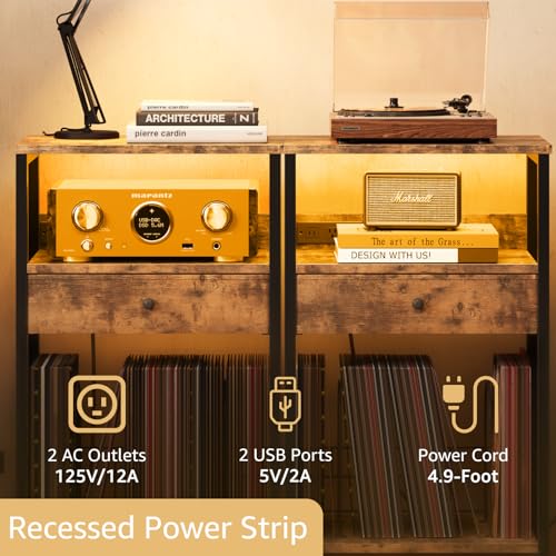 Black Record Player Stand with Vinyl Storage and Drawer B120