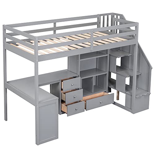 Full Size Loft Bed with Desk and Shelves, Two Drawers, Gray L73426