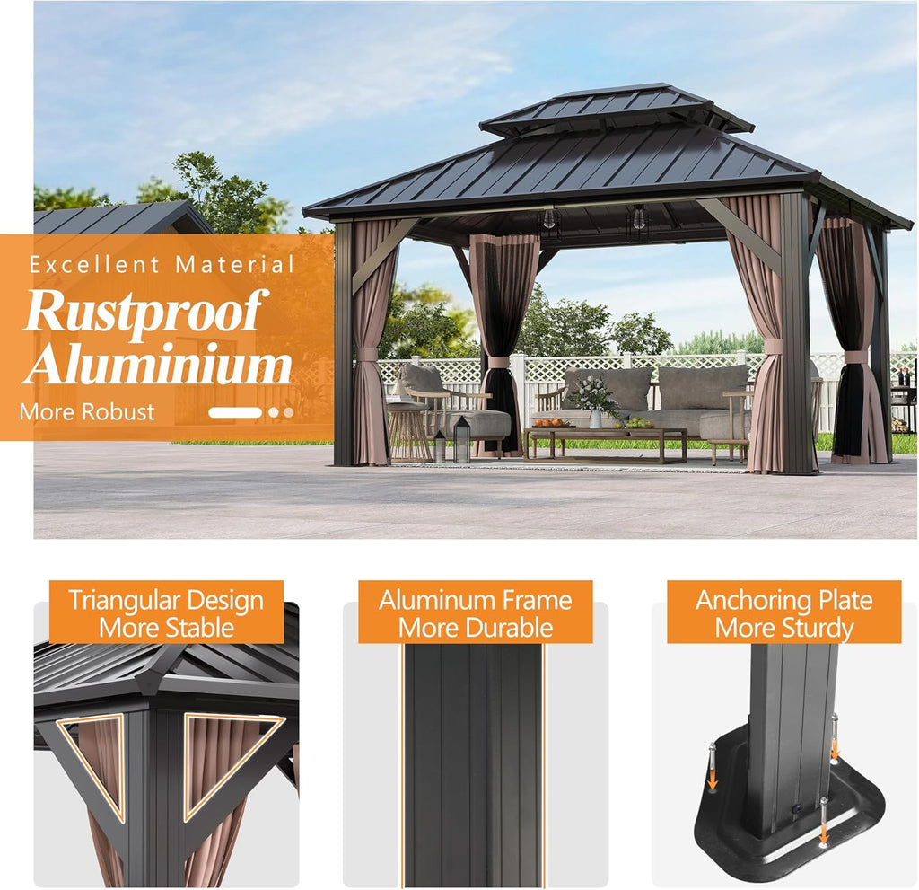 10x12FT Hardtop Gazebo with Double Roof, Heavy-Duty Galvanized Steel Top Aluminum Frame, Breathable Netting & Privacy Curtain R60898