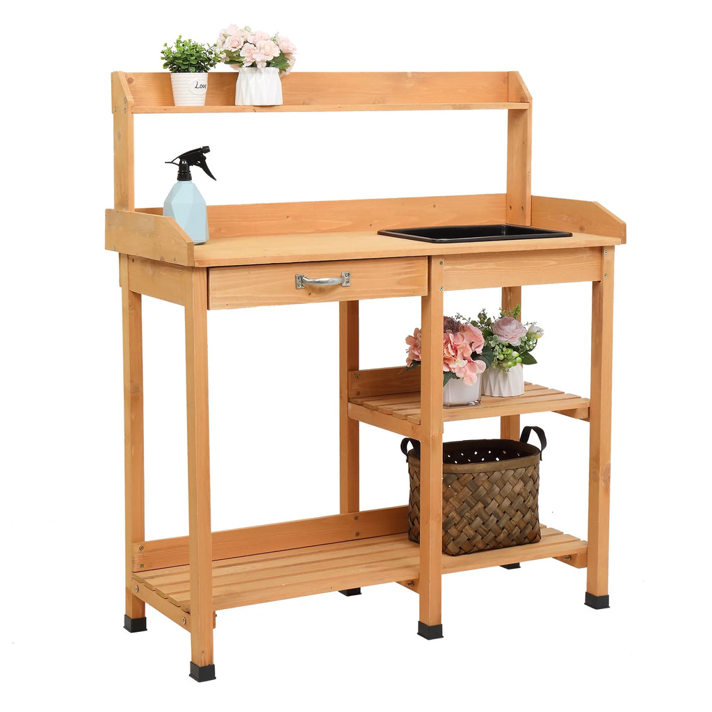 Natural Wooden Potting Bench with Sink and Storage Shelf X605