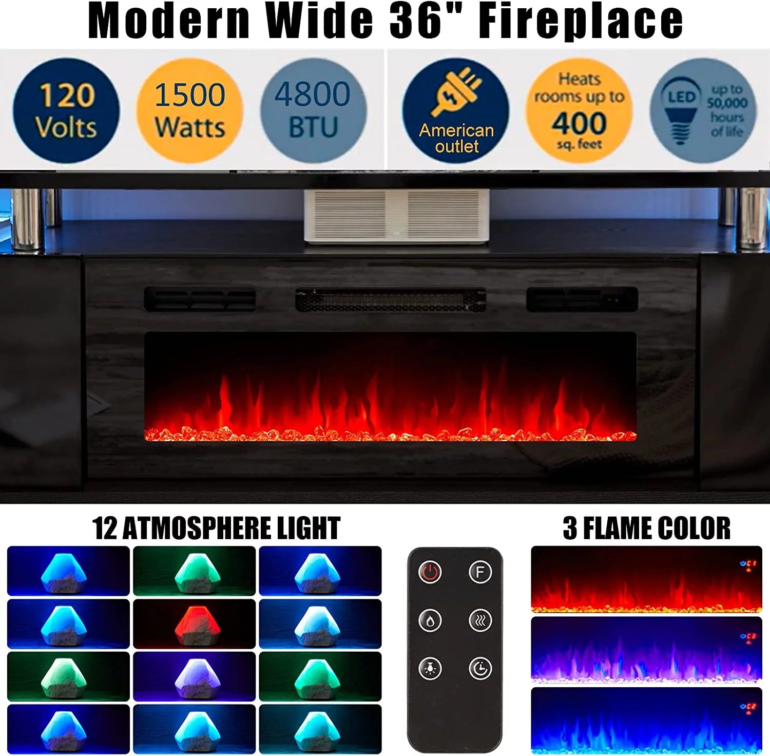 Black 70" Fireplace TV Stand with LED Lights V18648