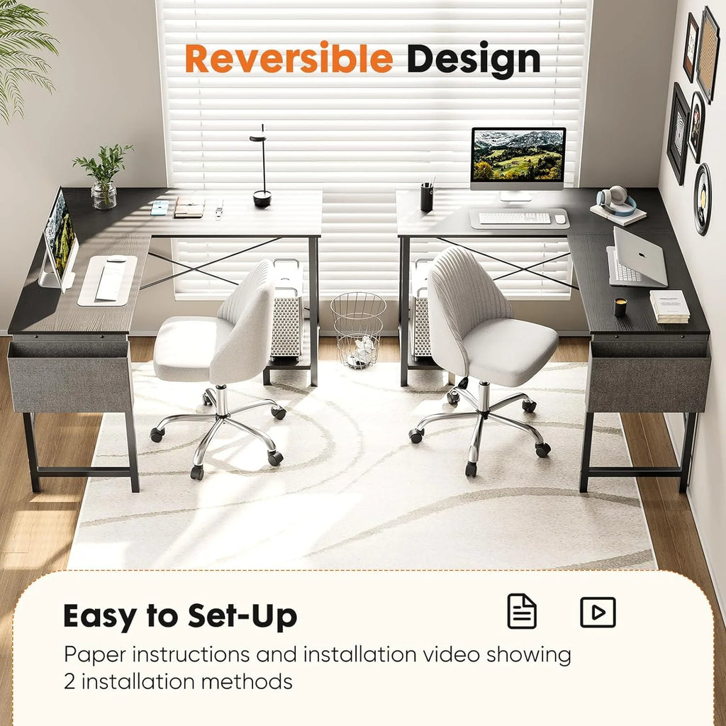 Black L Shaped Computer Desk with Wooden Desktop CPU Stand Side Bag B220