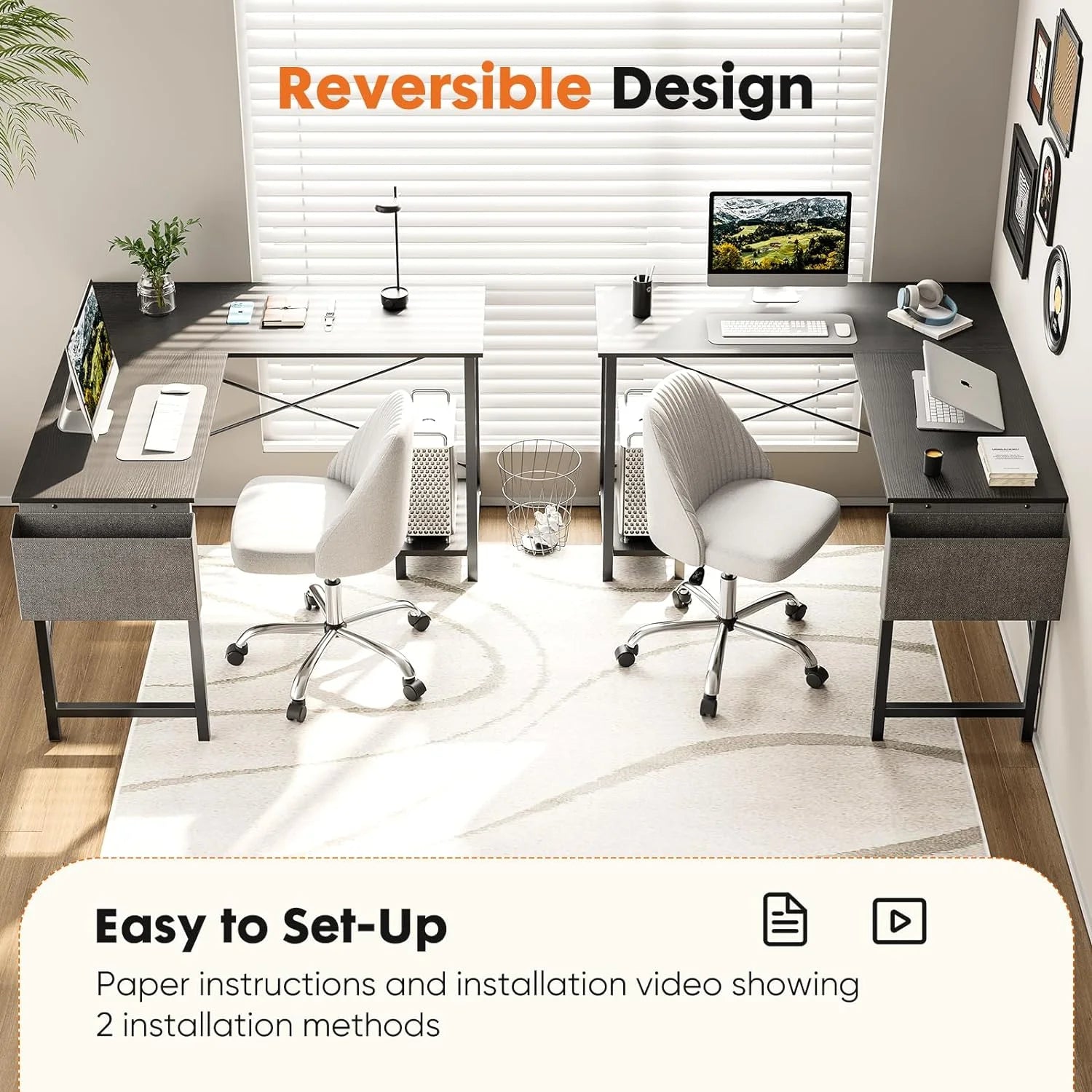 Black L Shaped Computer Desk with Wooden Desktop CPU Stand Side Bag B220