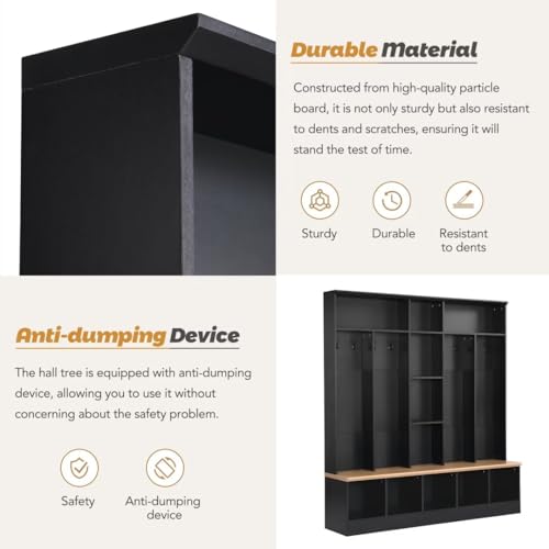 Black Hall Tree with Storage Bench and 8 Hooks W45580