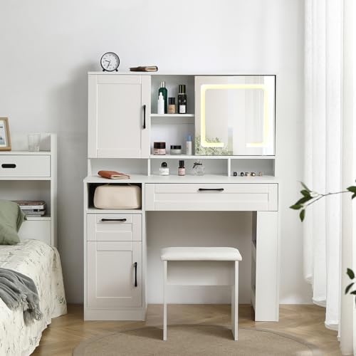 White Vanity Desk With Mirror And Cushioned Stool G239