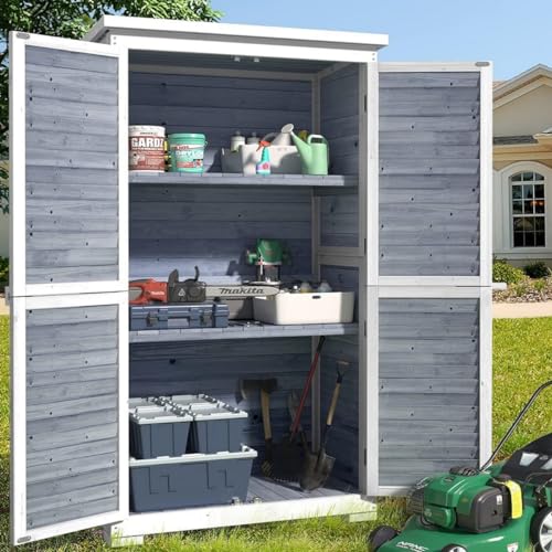 Outdoor Storage Cabinet with 3 Shelves, Double Lockable Wooden Garden Shed with Waterproof Roof E3234
