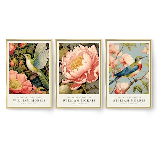 William Morris Wall Art set of 3 large Framed Vintage botanical Colorful Abstract Nature Flowers Canvas Art Gold Frame J263127