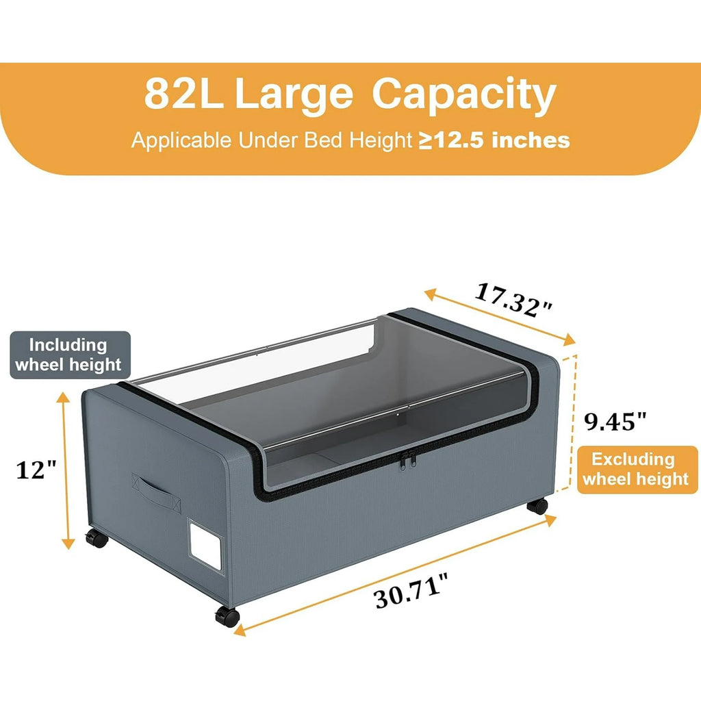12 inch Under Bed Storage Bins with Clear Lid, Wheels, 2 Pack, Grey, 30.7x17.3x12 F48371